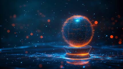 Poster - Glowing crystal ball on dark background with particles.