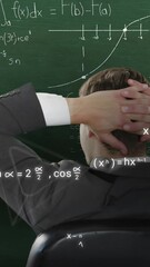 Poster - Animation of icons and mathematical equations over caucasian businessman on green background