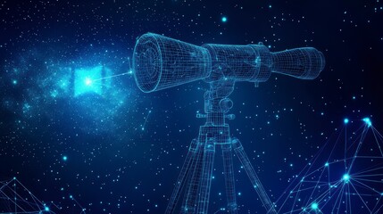 Poster - Wireframe telescope pointed at a bright star in a dark night sky with constellations.