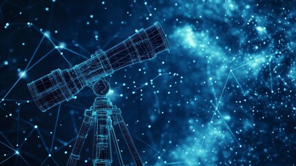 Poster - Wireframe telescope against a starry night sky background.