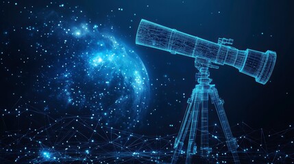 Poster - Wireframe telescope observing a glowing planet against a dark, starry night sky.