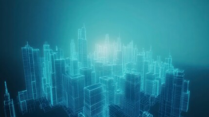 Poster - Futuristic city skyline, digital wireframe model.