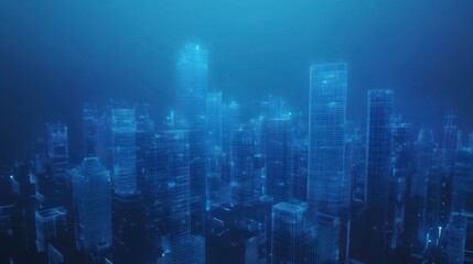 Poster - Futuristic city skyline, glowing blue lines forming buildings at night.