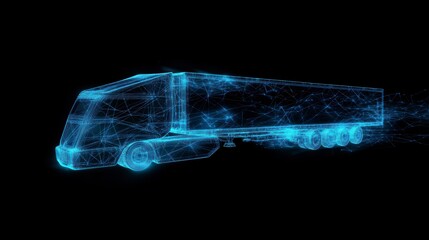 Poster - Futuristic blue glowing semi-truck in motion, digital lines forming its shape against a black background.