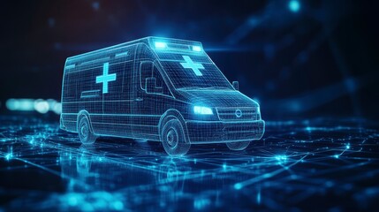 Poster - Futuristic digital ambulance with glowing lines and cross symbol on dark background.