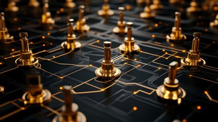 Aufkleber - Abstract golden switches on a circuit board, representing connection and network.