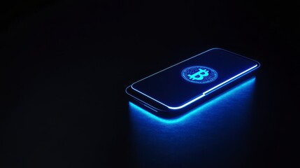Poster - Glowing smartphone displaying Bitcoin symbol on dark background.