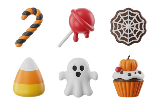 Six Halloween Themed 3D Rendered Icons Set Candy Corn Lollipop Ghost Spiderweb Cupcake Candy Cane Isolated on White Backgrounds Transparent PNG Cutout Clipping Path Social Media 2025