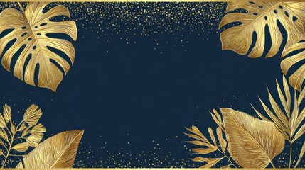 Poster - Gold frame and golden tropical leaves vector set. Gold design element for cover, cards, wedding invitation cards pattern and background decoration., no logos, no brands
