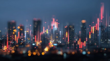Poster - Abstract glowing big data forex candlestick chart on blurry city backdrop. Trade, technology, investment and analysis concept. Double exposure, no logos, no brands