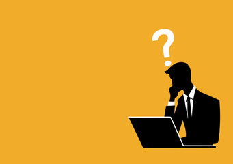 Poster - Silhouette of businessman sitting at laptop with question mark above head symbolizing doubt uncertainty decision making and problem solving concept on orange background