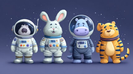 Poster - Cartoon space animals. Cute astronaut animal in costume, universe travel on spaceship. Kids stickers, children dream cosmos adventures decent vector set, no logos, no brands