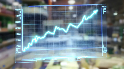 Poster - Holographic chart rises within supermarket, displaying increasing sales data, with blurred shelves. Use financial analysis