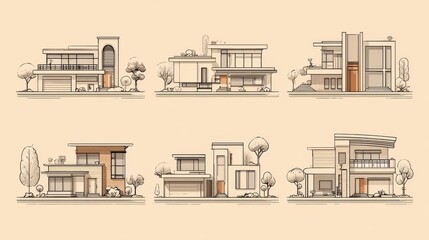 Poster - Contemporary urban and suburban houses line icons set. Real estate outline symbols. Building home contemporary, exterior house urban residential illustration, no logos, no brands