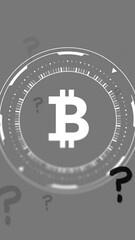 Poster - Bitcoin symbol surrounded by question marks, digital currency uncertainty concept