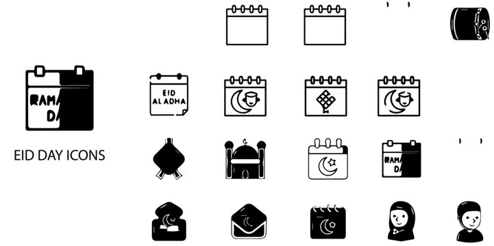 Eid Day simple concept 24 Black and White color icons set .Vector illustration.