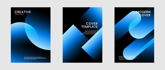 Poster - Minimal abstract covers set. Blue geometric background bundle with glowing styles decoration on dark space. Modern graphic design element vibrant gradient colors concept for web, art, card or brochure