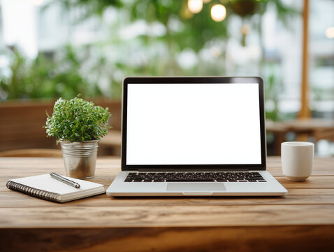 Close up of blank white screen laptop computer on wooden table with notebook and plant in modern office room, mockup for presentation design concept