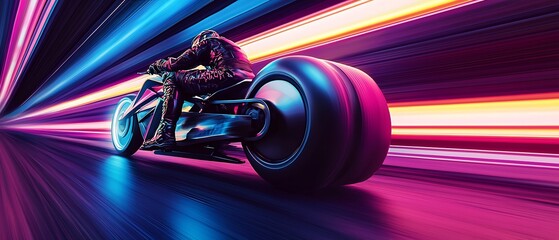 Poster - Cyberpunk Rider speeding through neon light streaks, embracing vibrant colors