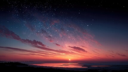 Poster - Pink Purple Sunset Sky with Distant Stars and Ocean Horizon