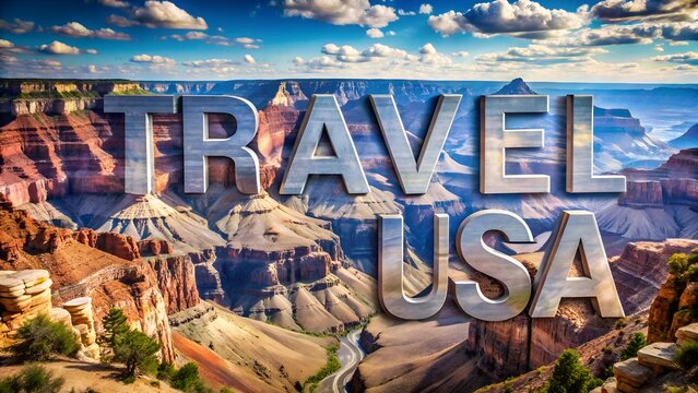 A scenic canyon landscape with the word Travel USA written as main text element designed for use in tourism advertising materials combining word based graphics and national park views in a travel ads