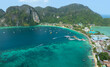 Aerial view of Phi Phi Island in Krabi Province, a tourist landmark of Thailand, a tropical paradise with turquoise sea and white sandy beaches.