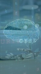 Poster - Animation of human brain, cyber attack warning over robot's arm and vr headset in background