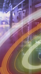 Poster - Digital animation of round neon scanner and data processing against empty server room