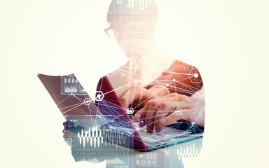 Poster - Silhouette of a man using a PC and a collage of digital technology images. Wide angle visual for banners or advertisements.