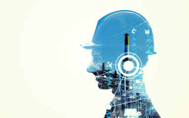 Aufkleber - Collage of industrial technology images with silhouette of male engineer. Wide angle visual for banners or advertisements.