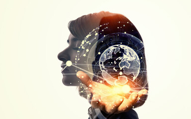 Poster - Collage of female silhouette and global network image. Wide angle visual for banners or advertisements.