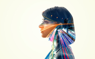 Aufkleber - Collage of woman silhouette and city images. Wide angle visual for banners or advertisements.