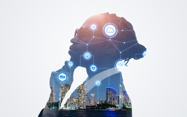 Poster - Collage of male silhouettes and communication network images. Wide angle visual for banners or advertisements.