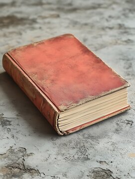 A vintage red leather bound book resting on a textured grey surface