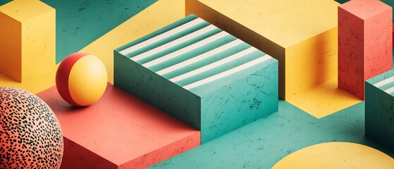 Aufkleber - Retro geometric composition with spheres and cuboids showcasing vivid colors