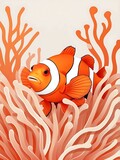Charming clownfish in coral orange and cream, abstract sea anemone background, vector art with modern trend style