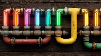 Poster - Retro Neon Rainbow Glass Tubes on Dark Wood