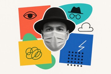 Poster - Modern and vibrant collage featuring a man wearing a surgical mask and a hat, surrounded by colorful blocks and various icons representing concepts and ideas