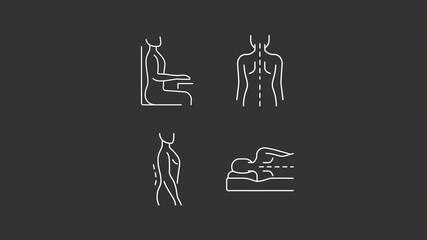 Poster - Healthy posture animation set. Correct position animated white line icons. Ergonomic workplace. Sleeping comfort, relaxation. Isolated elements on dark background. Alpha channel HD video