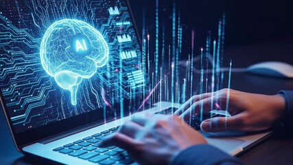 Person Typing on Laptop with Artificial Intelligence Brain Display