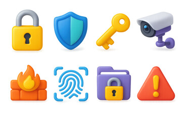 Poster - 3d security icons illustration: simple locks, keys, and surveillance elements for design