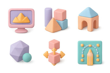 Poster - Creative 3d design icons grid in soft pastel tones - illustration for digital projects