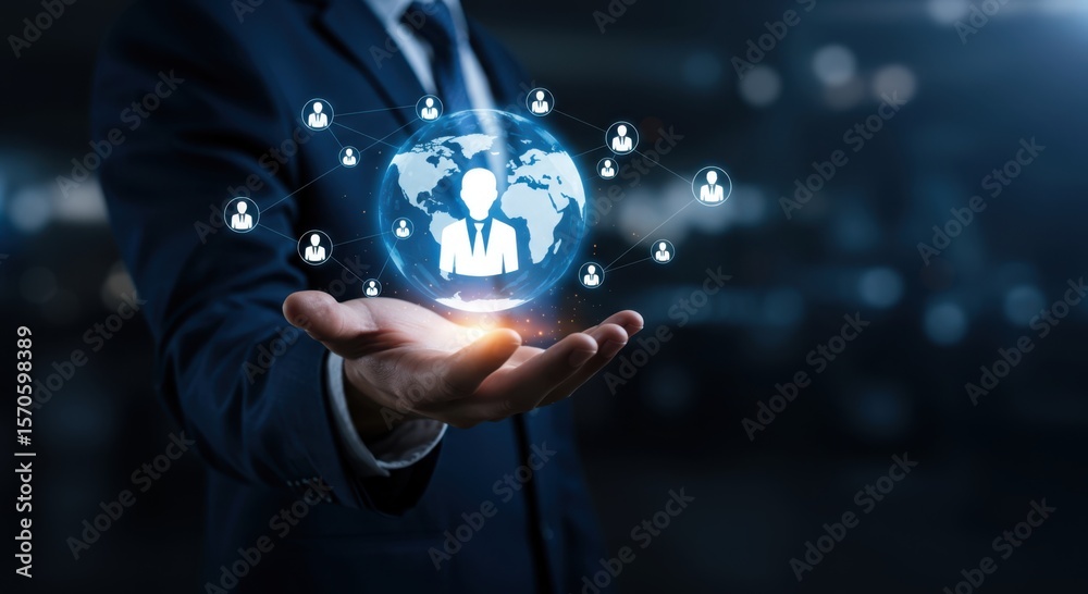 Businessman holding a glowing digital globe with connected user icons ...