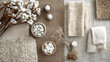 © ms creation - Warm-toned material mood board with natural textures, cotton branches, and fabric samples for interior design inspiration