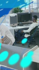 Poster - Animation of graphs, changing numbers, map and computer language, diverse coworkers sharing ideas