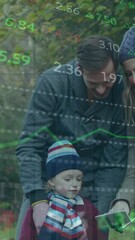 Poster - Animation of graphs and trading board over caucasian woman taking selfie with family using cellphone