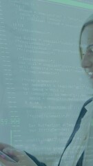 Poster - Animation of graphs with changing numbers and letter over caucasian woman using digital tablet