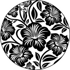 Poster - Artistic circular floral design in black and white featuring stylized hibiscus flowers and leaves for decorative purposes