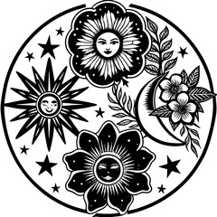Poster - Black and white celestial mandala featuring sun moon flowers and stars in a circular decorative arrangement.