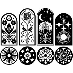 Poster - Elegant and decorative black and white botanical and celestial illustrations suitable for design projects and graphic elements.